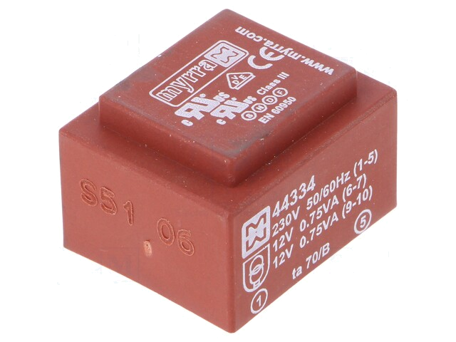 Transformator: ingegoten; 1,5VA; 230VAC; 12V; 12V; 63mA; 63mA; PCB Transformator: ingegoten; 1,5VA; 230VAC; 12V; 12V; 63mA; 63mA; PCB